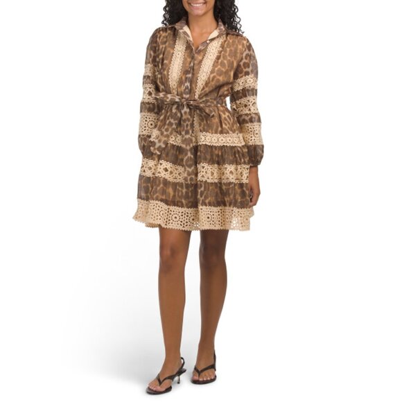 DALIA MACPHEE Brown Multi Long Sleeve Animal Print Lace Trim Mini Dress - Picture 1 of 2